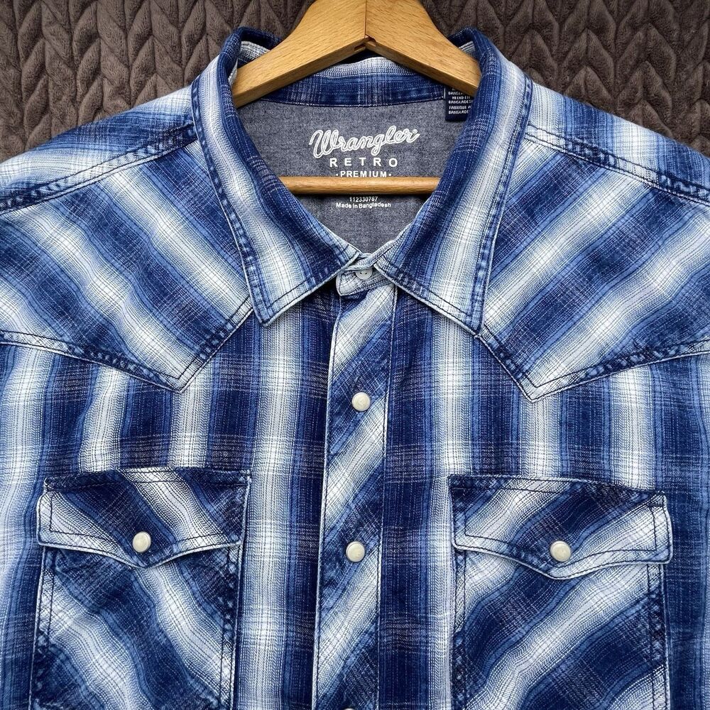 Wrangler Retro Shirt Men 3XT Blue Plaid Premium Pearl Snap Western Rodeo Cowboy